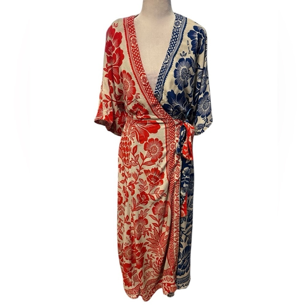 Farm Rio Floral wrap around maxi dress- Red and Blue size S